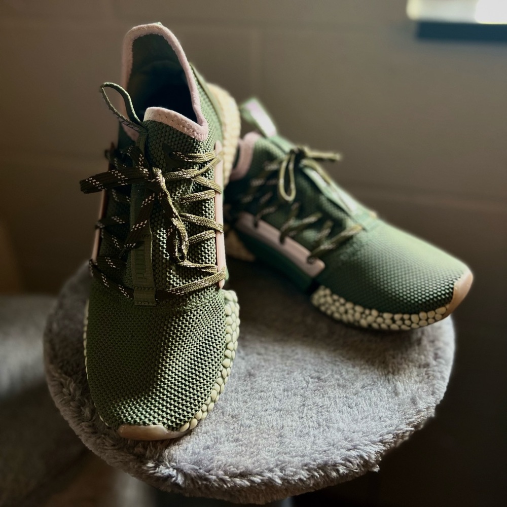 Green and lilac sneakers.